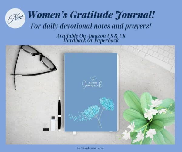 Picture of a table with a Gratitude Journal, pen, glasses and a pot plant with the text 'Women's Gratitude Journal, for daily devotional notes and prayers. Available from Amazon US & UK